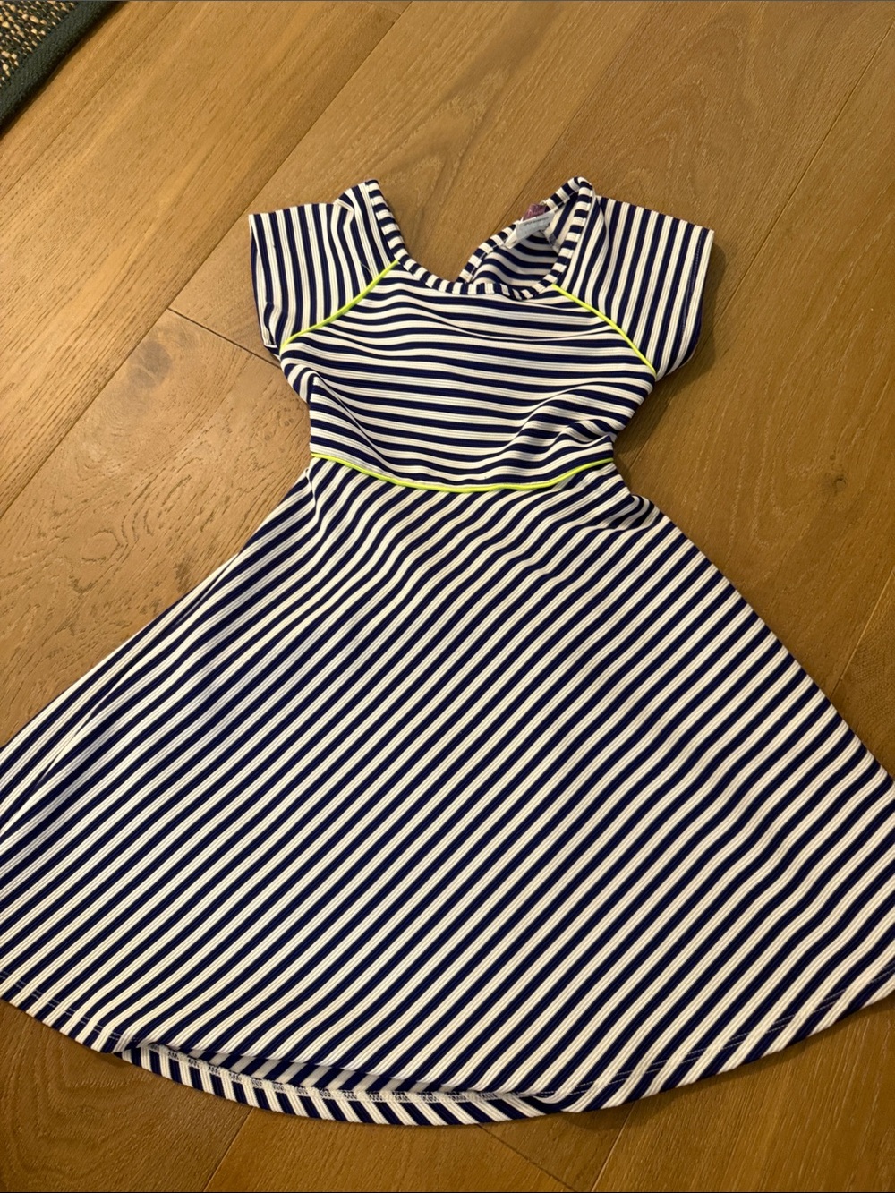 Girls' Navy and White Striped Casual Dress with Lime Trim with Back cutout